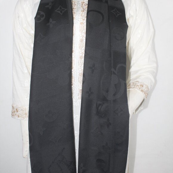 Louis Vuitton Stole Shawl Wrap 100% Silk Black Used - Picture 8 of 8